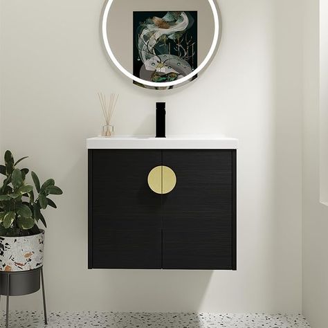 Amazon.com: SSLine Modern 24" Floating Bathroom Vanity with Sink Wall Mounted Bathroom Vanity with Top Basin & Storage Cabinet Luxury Black Wood Hanging Vanity w/Ceramic Sink & Gold Handles for Small Space : Tools & Home Improvement Bathroom Vanity 24 Inch, Bathroom Vanity Wall Mounted, Hanging Vanity, Powder Vanity, Small Bathroom Sinks, Black Vanity Bathroom, Wall Mounted Bathroom Vanity, Bathroom Vanity Wall, Mounted Bathroom Vanity