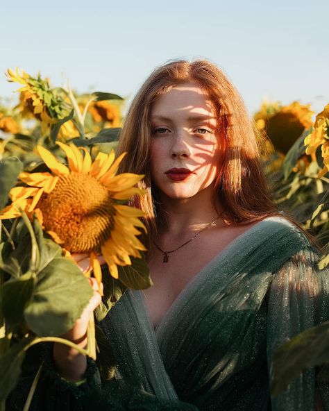 Sunflower Portrait Photography, Sunflower Portrait, Ukrainian Folklore, Sunflower Photoshoot, Redhead Art, Sunflower Photography, High Contrast Images, Concept Photography, Dappled Light