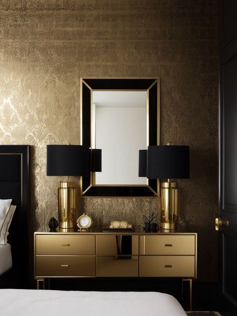 Go for a bold statement by creating an accent wall in black and gold. Add a touch of glamour with metallic gold wallpaper or paint, and accessorize with black frames, mirrors, or wall decals for a chic and luxurious look in your bedroom. Gold Accents Bedroom, Black And Gold Bedroom, Black And Gold Mirror, Black Walls Bedroom, Bedroom Accent Wall, Gold Bedroom, Bedroom Accent, Accent Wall Bedroom, Black Frames