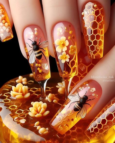 Bumble Bee Nails, Bee Nails, Fall Nail Trends, Daisy Nails, Nails 2021, Fall Nail Art, Fall Nail, Unique Nails, Funky Nails