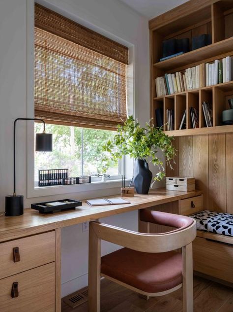 Writing Desk In Front Of Window, Round Desk Ideas, Desk With Window Above, Wall Shelves Over Desk, Desk Between Windows, Diy Built In Around Window, Under Window Desk, Desk Window Ideas, Shelves Over Windows