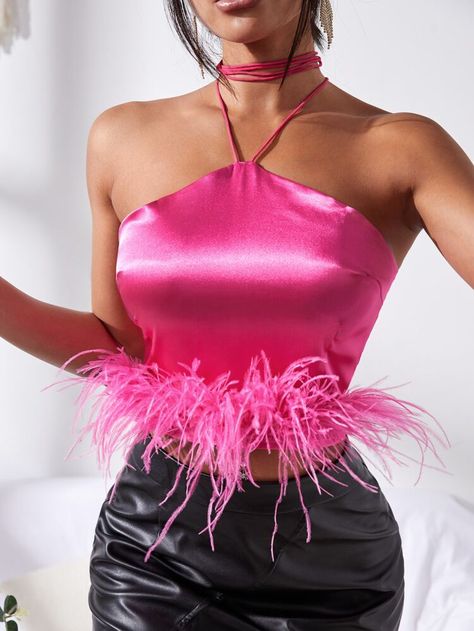 Free Returns ✓ Free Shipping On Orders $49+ ✓. Halter Neck Fuzzy Trim Satin Crop Top- Women Tank Tops & Camis at SHEIN. Summer Tube, Backless Tank Top, Look Rose, Girls Summer Tops, Satin Crop Top, Feather Trim, Boho Floral Dress, Summer Crop Tops, Halter Crop Top