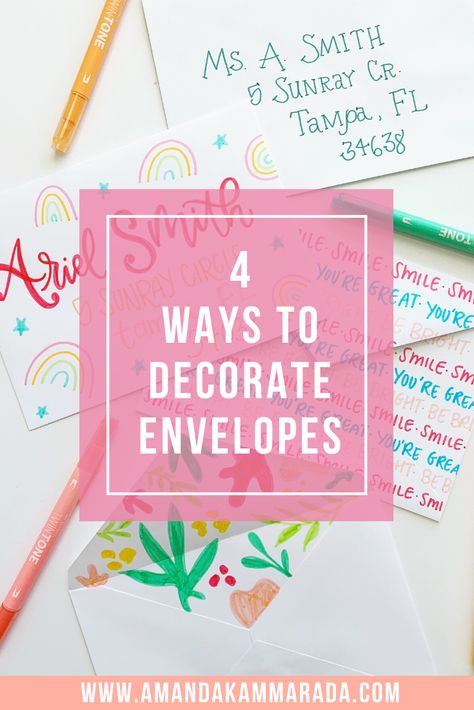 4 Ways to Decorate Envelopes - Amanda Kammarada Envelope Doodles Simple, Mailing Letters, Snail Mail Envelopes Ideas, Decorating Envelopes Snail Mail, Decorate An Envelope, Decorate Envelope, Decorating Envelopes Ideas, Decorate Envelope Ideas, Letter Writing Ideas