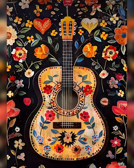 "Strings and petals intertwine, creating a symphony of colors 🌼🎸 Selling this captivating guitar painting online, exclusively on Instagram. Don't miss out on this floral masterpiece! ❤️ Dm us for more information 🤠 #guitarart #floralvibes #butterflylove #natureinspiredart #musicalmelodies #onlineartsales #colorfulcreations #guitarlove #onlineartgallery #butterflyguitar #floralsymphony #onlineartmarket #shopnow #getyours #limitededition #Sanskritiartsindia Painted Instruments, Mexican Guitar, Painted Guitar, Guitar Artwork, Fly Love, Floral Wallpaper Iphone, Guitar Painting, Guitar Art, Guitar Design