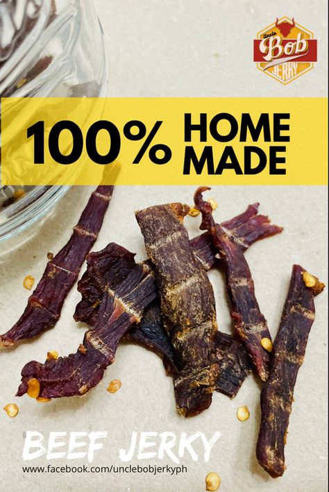 Our beef jerky is 100% homemade. No added MSG. No nitrates. No artificial coloring. Beef Jerky Flavors, Beef Jerkey Marinades, Chicken Jerky Recipes, Jerky Marinades, Jerk Beef, Jerky Marinade Recipes, Beef Jerky Recipe Dehydrator, Beef Jerky Marinade, Jerky Recipes Dehydrator