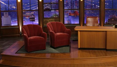 Late Night Show Aesthetic, Late Night Tv Aesthetic, Talk Show Host Aesthetic, Talk Show Aesthetic, User Interview, James Cordon, Interview Rooms, Tv Set Design, Craig Ferguson