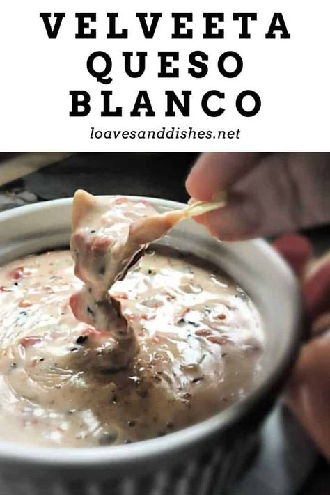 Cheese Dip Recipes Velveeta Queso Blanco, Velveeta White Queso Dip Crock Pot, White Queso With Sausage, Velveeta Queso Blanco Recipes, Queso Blanco Dip Velveeta, Nacho Cheese Velveeta, Velvetta Cheese Dip, Velveeta Queso Blanco, Velveeta Dip