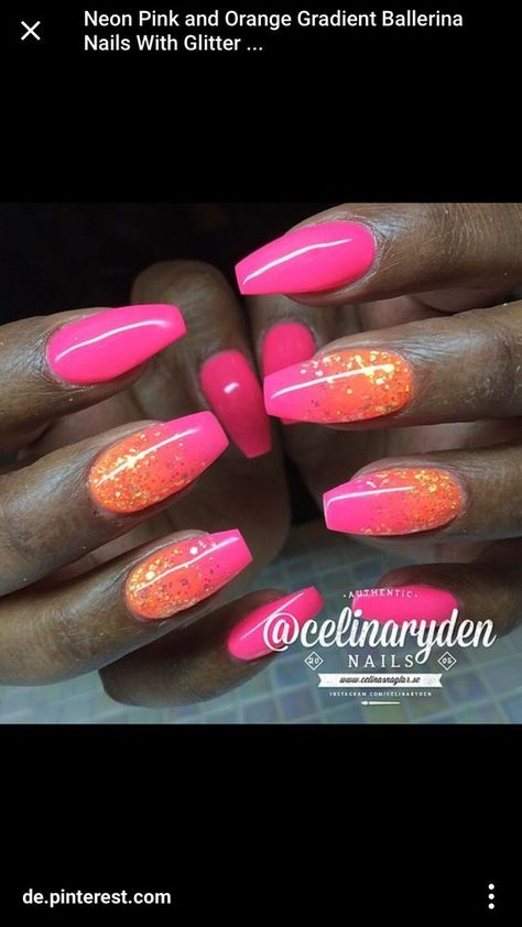 Gel Nails Neon, Neon Coral Nails, 80s Nails, Sculpted Gel Nails, Nails Coral, Time Nails, Glitter Gradient Nails, Ombre Gel Nails, Fan Nails