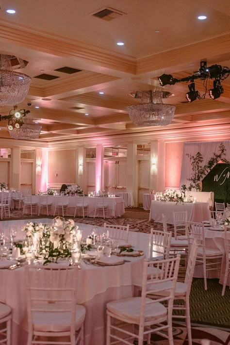 Light Pink Venue Quince, Up Lighting Wedding Reception, Wedding Reception Hotel, Ballroom Party Ideas, Ballroom Sweet 16, Pink And White Quinceanera Ideas, Wedding Ideas Pink And White, Hotel Ballroom Wedding, Sweet 16 Venues Pink