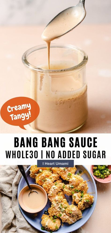 This bang bang sauce is creamy, tangy, a little spicy, and ready in under 5 minutes! Use all pantry ingredients with no added sugar. #dressing #keto #lowcarb #whole30 #bangbangsauce Whole30 Sauces, Whole 30 Sauces, Bang Bang Sauce Recipe, Paleo Sauce, Paleo Basics, Umami Recipes, Whole30 Salad, Crispy Food, Budget Friendly Dinner Recipes