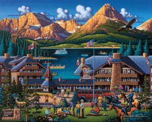 Folksy Art, Waterton Lakes National Park, 300 Pieces Jigsaw Puzzle, Glacier Lake, Lake Lodge, American Painting, Thomas Kinkade, Puzzle Art, Glacier National