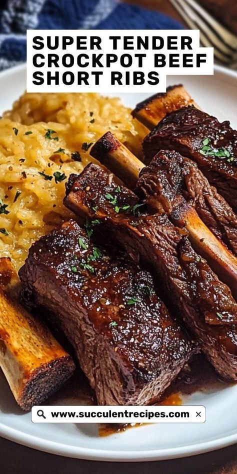 Enjoy melt-in-your-mouth goodness with these Easy Super Tender Crockpot Beef Short Ribs! A hearty, comforting meal made effortlessly in your slow cooker. Recipe For Beef Short Ribs Crock Pot, Bone In Short Ribs Slow Cooker, Bone In Beef Short Ribs Crock Pot, Easy Crockpot Short Ribs, Short Ribs Recipe Crockpot Easy, How To Make Ribs In Crockpot, Easy Beef Short Ribs Crock Pot, Slow Cook Short Ribs Crock Pots, Slow Cooked Beef Short Ribs