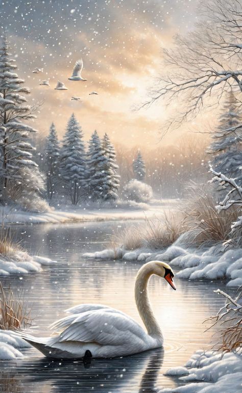 Swan snowfall winter lake" Terry Redlin digital illus... by Tamara widitz - Playground Swan Pictures Art, Swan In A Lake Drawing, Swan Lake Watercolor, Swans In Winter, Swans In A Lake, Winter Christmas Scenes, Winter Lake, Winter Landscape Painting, Painting Snow