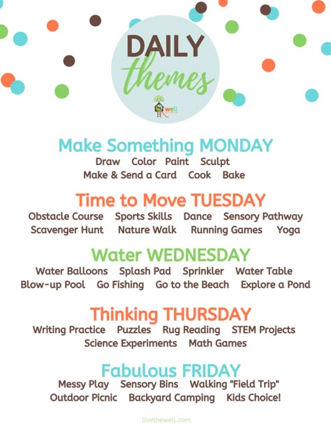 Homeschool Days Of The Week Theme, Preschool Daily Activities, Toddler Summer Weekly Themes, Daily Themes For Classroom, Themed Days For Classroom, Homeschool Daily Themes, Themed Summer Days, Daycare Theme Days, Week Of The Young Child Activities 2024