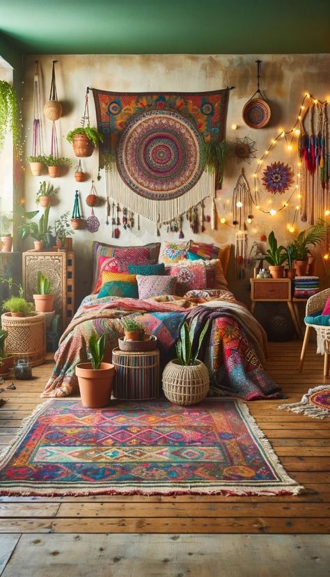 Transform your bedroom into a chic retreat with these 21 fabulous carpet ideas. Explore a variety of styles and textures to create the ultimate cozy haven.n---nA bohemian bedroom with a colorful, patterned carpet, a bed with mismatched, vibrant bedding, eclectic furniture, and an array of hanging plants. The walls are adorned with tapestries and fairy lights, and there's a macrame wall hanging above the bed. Boho Wall Hanging Above Bed, Colorful Bohemian Bedroom Decor, Boho Bedroom Lighting, Bedroom Carpet Ideas, Ultra Modern Furniture, Vibrant Bedding, Futuristic Bedroom, Japanese Style Bedroom, Chic Apartment