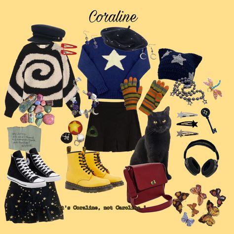 Coraline Inspired Outfits Summer, Coraline Star Outfit, Coralines Closet Aesthetic, Coraline Aesthetic Clothes, Caroline Inspired Outfits, Tim Burton Core Outfits, Wybie Inspired Outfit, Coraline Inspo Outfit, Coraline Themed Outfit