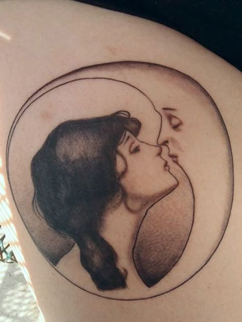 50 Examples of Moon Tattoos | Cuded Woman Kissing Moon Tattoo, Large Moon Tattoo, Woman And Moon Tattoo, Kiss Tattoos, Art Nouveau Tattoo, Nouveau Tattoo, Typography Tattoo, Tattoos Infinity, Crescent Moon Tattoo