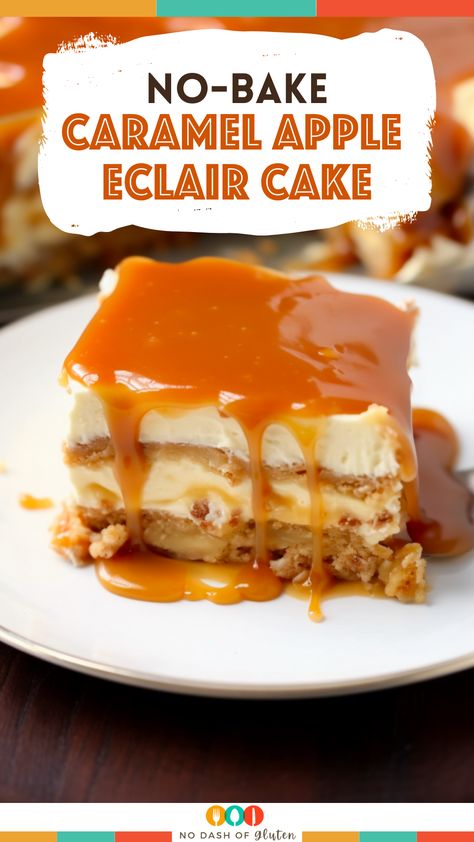 Carmel Apple Eclair Cake, Caramel Apple Lush, No Bake Caramel Apple Eclair Cake, Caramel Apple Eclair Cake, Apple Eclair Cake, Recipes With Pudding, Apple Eclair, Eclair Cakes, Cinnamon Crackers