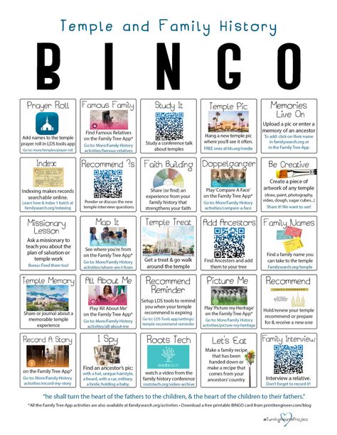 Temple & Family History BINGO Cards- a fun and simple way for people to get involved in family history without feeling overwhelmed. Great for all ages. Play as a family, class, ward, or invdividually. Get this free printable from printitengineer.com Family History Ward Activity, Relief Society Temple And Family History Activities, Fun Family History Activities, Lds Primary Family History Activities, Temple And Family History Ward Activities, Relief Society Temple Activities, Temple And Family History Plan, Ward Temple And Family History Plan, Family Search Activity