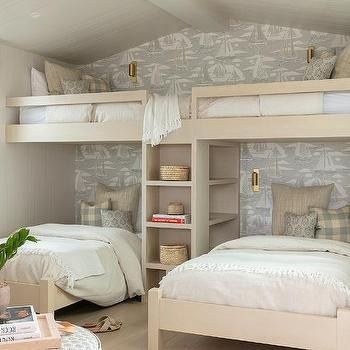 Shelves Over Top Bunk Beds Design Ideas Wallpaper Behind Bunk Beds, Bed Under Sloped Ceiling, Bunk Beds Design, Sailboat Wallpaper, Brown Wooden Bed, Built In Bunk Beds, Vintage Boys Bedrooms, Tan Bedding, Blue Plaid Pillows