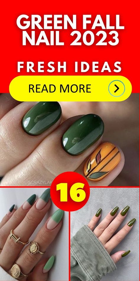 Dive into the enchanting world of green fall nails for 2023 with these captivating acrylic designs. From dark and mysterious shades to vibrant emerald and soothing sage tones, these manicures capture the essence of the season. Whether you prefer short square nails or graceful almond-shaped ones, these trendy designs will make a statement. Experiment with matte finishes for a chic and elegant look or opt for gel nails to achieve a polished and glossy effect Olive Green And Beige Nails, Autumn Nails 2023 Green, Nail Designs With Green Polish Art Ideas, Fall Leaves Nails 2023, Fall Gel Nails Green, Orange And Green Nails Acrylic, Orange And Green Fall Nails, Sage Fall Nails, Autumn Nails Almond Shape