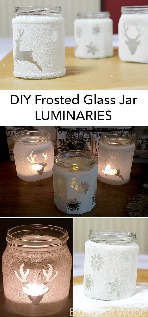 Easy Upcycled Jam Jar DIY Frosted Luminaries Tutorial Christmas Gifts Mason Jars, Diy Candles Christmas, Jam Jar Crafts, Christmas Fayre Ideas, Frosted Mason Jars, Crafts With Glass Jars, Christmas Candles Diy, Christmas Jars, Navidad Diy