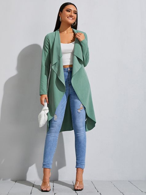 Green Long Sleeve Outerwear For Fall, Trendy Long Green Outerwear, Casual Green One-size Outerwear, Green Coat Plus Size, Green Color Block Long Sleeve Outerwear, Plus Size Coats, Casual Outfit, Long Sweaters, Casual Jacket