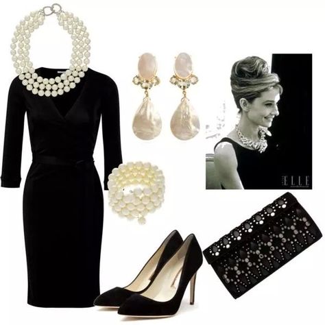 Dress And Accessories, Below The Knee Dresses, Audrey Hepburn Style, Classic Black Dress, Hepburn Style, Color Jewelry, Breakfast At Tiffanys, Black And White Dress, Brunch Outfit