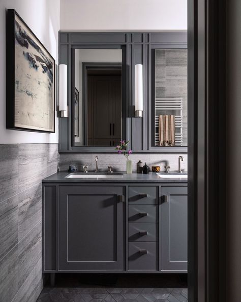 Ryan Lawson | primary bathroom silver travertine walls and grey marble floors from @waterworks custom double vanity and mirror surround… | Instagram Grey Marble Shower Walls, Silver Travertine Bathroom, Dark Grey Bathroom Vanity Marble, Double Vanity With Tower Bar Between Mirrors, Carrara Chateau Polished Marble Tile, Grey Marble Floor, Vanity And Mirror, Silver Travertine, Marble Floors