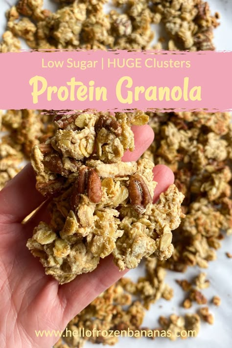 Oat Protein Recipes, Egg White Granola Recipe, Granola Recipe Protein, Diy Protein Cereal, Healthy Protein Granola Recipe, Macro Friendly Granola, Egg White Granola, Diy Protein Granola, Granola Recipes Healthy