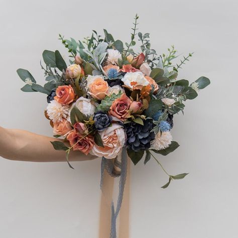 Orange Dusty Blue Bridal Bouquet Bouquets by Bird of Paradise OS | Minted Dusty Blue Bridal Bouquet, Blue Bridal Bouquet, Bridal Bouquet Blue, Church Flower Arrangements, Outdoor Wedding Reception, Mom Wedding, Blue Bridal, Bird Of Paradise, Dusty Blue