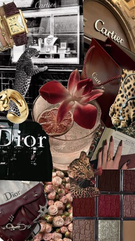 Aesthetic mix of Dior, Cartier,wine red,pink and gold December Mood, Cute Aesthetic Wallpapers, Outfit Vision Board, Cheetah Print Wallpaper, Ipad Backgrounds, Night In The City, Dior Aesthetic, December Baby, Wall Collage Kit