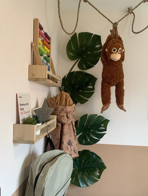 Welcome to the jungle! The finishing touches in this room are so fun! 🐒 #jungleroom #jungletheme #fauxplants #kidsbedroom #kidsroom #childrensbedroom #monkeyroom #showhome #designercontracts Jungle Room Ideas Bedrooms, Jungle Playroom Ideas, Toddler Jungle Room, Monkey Room Ideas, Jungle Theme Playroom, Boys Jungle Room, Jungle Room Kids, Safari Toddler Room, Jungle Boys Room