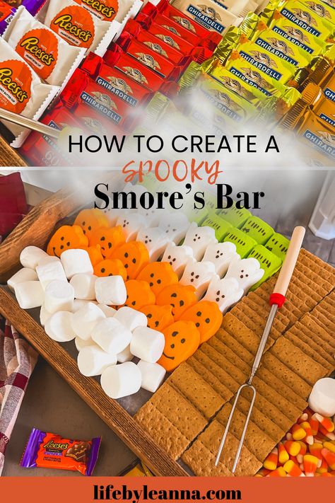 Check out this festive Halloween s'mores bar! This guide shows you how to create a fun and spooky s'mores setup with creative Halloween dessert ideas perfect for kids and adults alike. Learn how to design a s'mores bar that features unique Halloween food ideas, from themed marshmallows to creative toppings. Perfect for adding a delicious twist to your Halloween food ideas for parties. Click to explore step-by-step instructions for crafting the ultimate Halloween s'mores experience! Smores With A Twist, Halloween Party Smores Bar, Sterno Smores Bar, Halloween S’mores Charcuterie, Halloween Smores Charcuterie Board, Easy S’mores Board, Smore Bar Ideas, Halloween Ice Cream Bar, Smores Bars Party Ideas