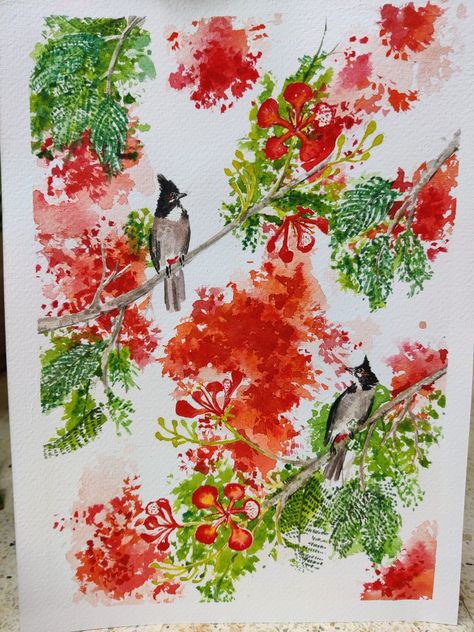 A watercolour painting of bulbuls in a gulmohar tree from Bangalore, South India Gulmohar Flowers Painting, Gulmohar Painting, Gulmohar Flowers, Tree Watercolour Painting, Gulmohar Tree, Watercolor Transparency, Tree Watercolour, Contemporary Botanical Art, Tree Watercolor Painting