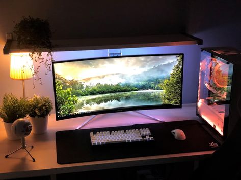 My cozy gaming setup Setup Minimalist, Gaming Desk Accessories, Monitor Setup, Curved Monitor, Gaming Desk Setup, Best Gaming Setup, Cozy Gaming, Gaming Computer Desk, Computer Desk Setup