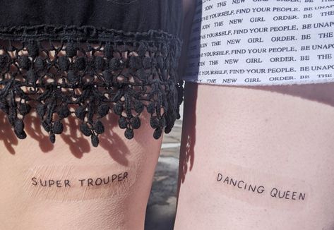 Super Trouper Tattoo, Dancing Queen Tattoo Mamma Mia, Mama Mia Inspired Tattoo, Mamma Mia Inspired Tattoo, Mamma Mia Super Trouper, Dancing Queen Tattoo, Mama Mia Tattoo, Mamma Mia Tattoo, Abba Tattoo