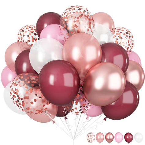 PRICES MAY VARY. ✨ Burgundy Pink Rose Gold Balloons: Our package includes 60pcs 12inch latex balloons (20pcs burgundy balloons, 10pcs pastel pink balloons, 5pcs metallic rose gold balloons, 10pcs pearl rosegold balloons, 5pcs rosegold confetti balloons, 10pcs pearl white balloons) and 1pc balloon ribbon. Perfect for upscale events, birthday, or any occasion where elegance is key. Elevate your decor with these sleek and polished wine red pink balloon that will leave a lasting impression on your g Burgundy And Pink Decorations, Burgundy Balloons, Bday Decor, Pink Latex, Wedding Anniversary Decorations, Pink Party Decorations, Gold Wine, Rose Gold Balloons, Balloon Ribbon