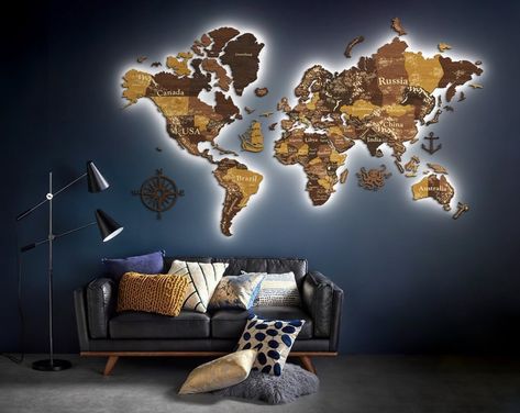 World Map Light Wood Wall Decor Large Travel LED Map - Etsy Czech Republic Wooden Map Of The World, Map Themed Bedroom, Missions Wall, Family Travel Map, World Map With Countries, Wooden Pins, Wooden World Map, World Map Wall Decor, Wood World Map