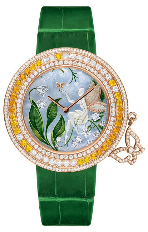 Van Cleef & Arpels Muguet watch - set in pink gold, bezel set with diamonds and yellow sapphires. Dial features miniature painting on mother of pearl and sculpted mother of pearl Van Cleef And Arpels Jewelry, Van Cleef & Arpels, Van Cleef And Arpels, Van Cleef Arpels, Van Cleef, Gold Case, Beautiful Watches, Patek Philippe, Diamond Watch