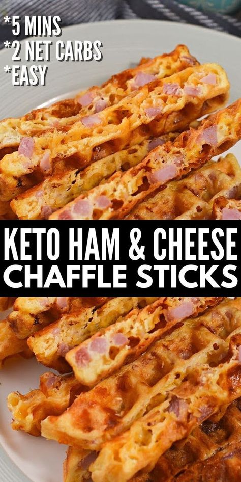 Keto Ham & Cheese Chaffle Sticks - These ham and cheese chaffle sticks are perfect to pack for lunch or serve for breakfast and even brunch! Only 2 net carbs per serving! Keto #Ketodiet #Ketorecipes #Ketochafflesticks #ketohamandcheesechaffle #ketochaffle #brunchrecipes #lunch #food #recipes Bariatric Ham Recipes, Chaffle Lunch Ideas, Pumpkin Chaffles Keto, Keto Chicken Waffles Recipe, Pork Rind Chaffle, Chaffle Recipes No Almond Flour, Waffle Iron Cheese Sticks, Ham And Cheese Chaffle Keto, Chaffle Recipe Keto Easy Mozzarella