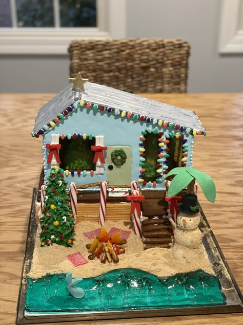 Gingerbread House Ideas Beach Theme, Ginger Bread Beach House, Coastal Gingerbread House, Beachy Gingerbread House, Gingerbread House Themes Ideas, Gingerbread House Beach Theme, Gingerbread Beach House Ideas, Beach Themed Gingerbread House, Beach Theme Gingerbread House