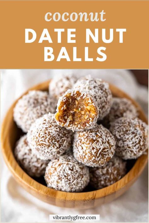 An easy 3-ingredient coconut date nut ball recipe for healthy snacking. Dates, nuts of your choice, and dried shredded coconut. Date Nut Balls With Coconut, Date Nut Candy Recipe, Dates Candy Recipe, Date Nut Balls Recipe, Dates Recipes Healthy, Date Nut Balls, Nut Balls Recipe, Date Recipes Healthy, Dates Recipes