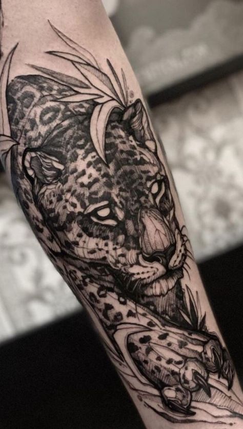 115 Jaguar Tattoos to Inspire Your Wild Side - Tattoo Me Now Japanese Style Jaguar Tattoo, Jaguar Tattoo Leg, Jaguar Arm Tattoo, Panther Sleeve Tattoo, Forearm Animal Tattoo, Animal Half Sleeve Tattoo, Jaguar Tattoo Men, Jaguar Back Tattoo, Animal Arm Tattoo