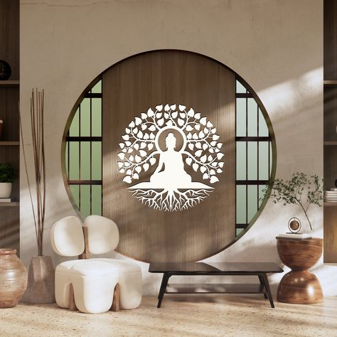 DETAILS * Immerse yourself in tranquillity with our Buddha Tree of Life Wall Accent. Elevate your space and create a serene atmosphere with this symbol of divine balance and spiritual enlightenment. Perfect for home decor or as a meaningful gift. * Discover enlightenment with our enchanting Buddha Signage. Crafted from painted MDF or acrylic, this stylish wall art piece transforms your space into a sanctuary of tranquillity. Ideal for home, Yoga Studio, or as a thoughtful gift for special occasi Meditation Room Interior Design, Buddha Interior Design, Zen Interior Design Living Room, Studio Room Decor, Modern Yoga Studio, Buddha Room, Mdf Wall Decor, Buddha Tree, Meditation Room Design