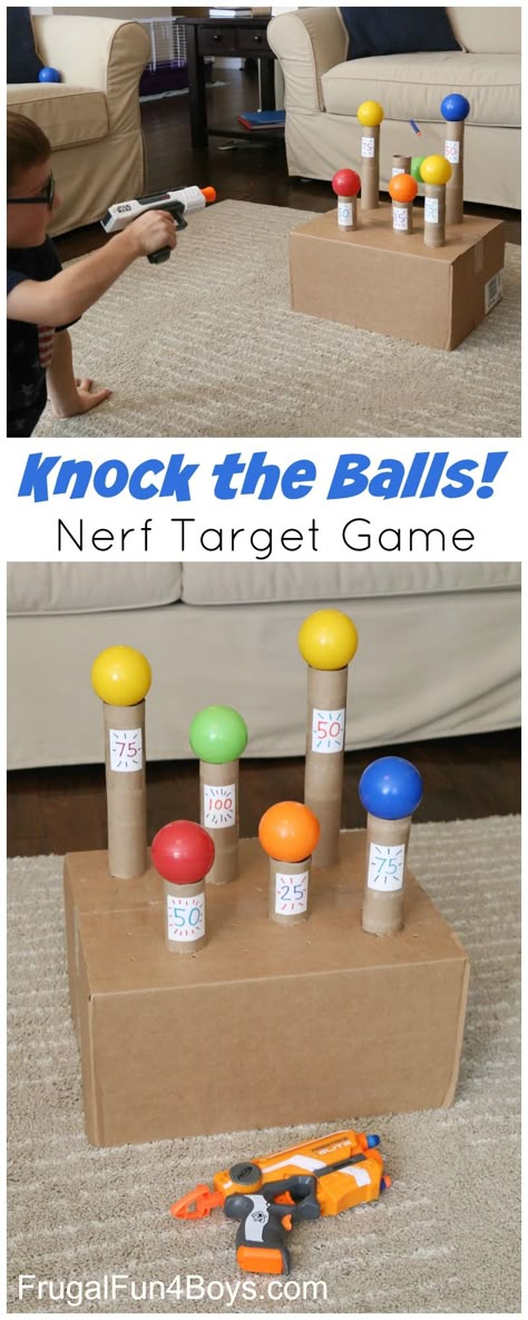 Knock the Balls Down Nerf Target Game - Super boredom buster, and a fun party idea too. Nerf Target, Lego Math, Nerf Games, Nerf Party, Diy Kids Games, Education Science, Counting Games, Deaf Culture, Space Activities