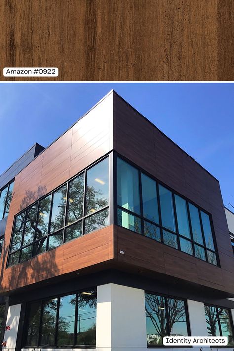 This highly visible office building in Houston, Texas used woodgrain phenolic panels from Fundermax on the exterior walls of the building. Combined with the white and black facade, the Max Compact Exterior phenolic panels invite visitors into EDIFIS Group office building. Visit our website for more project information and images: https://fundermax.us/projects/edifis-offce-building/ Fundermax Exterior, Black Facade, Rainscreen Facade, Group Office, Tuition Classes, Commercial And Office Architecture, Office Architecture, Building Images, Real Estate Office