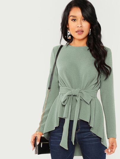 Free Returns ✓ Free Shipping On Orders $49+ ✓. Dip Hem Belted Top- Blouses at SHEIN. Asymmetrical Hem Top, Laced Up Shirt, Belt Top, Fashion Tops Blouse, Peplum Blouse, Spring Shirts, Fashion Winter, Fashion Tops, Waist Tie