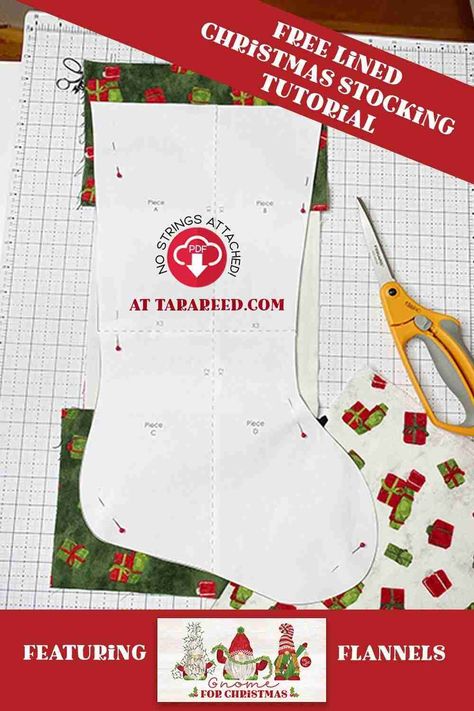 FREE TUTORIAL: Sew Christmas stockings with the free instructions and template featuring Gnome for Christmas Flannel by Tara Reed for Riley Blake Designs. Diy Xmas Stockings How To Make, Lined Christmas Stocking Tutorial, Felt Stocking Pattern Free Templates, Christmas Sewing Patterns Free Printable, Large Christmas Stocking Pattern Free, Free Christmas Stocking Patterns To Sew, Christmas Stocking Pattern Free Sewing, Stocking Pattern Free Templates, Free Stocking Pattern