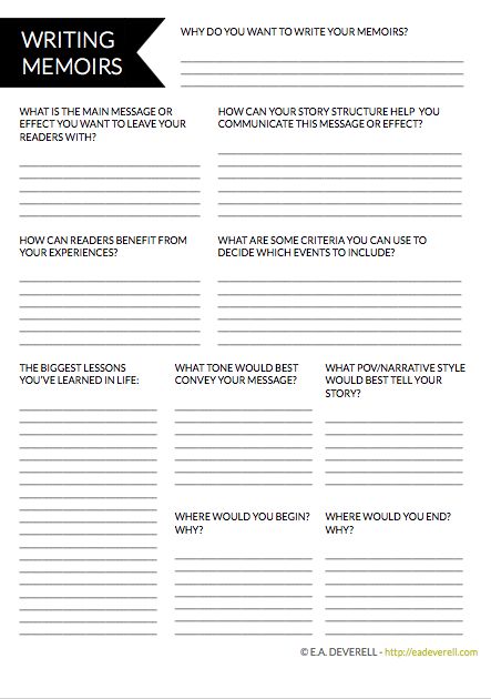 Creative Writer Worksheet – Writing Memoirs (PDF) This week’s worksheet is for the memoirists among us – those writers whose lives are their masterpiece. Or is that every one of us, after all? “How vain it is to sit down to write when you have not stood up to live” – Henry David Thoreau. Related Memoir Writing Template, How To Write A Memoir Outline, Writing A Memoir Outline, How To Write A Memoir, Autobiography Outline, Memoir Outline, Memoir Writing Prompts, Writing Memoirs, Memoir Ideas